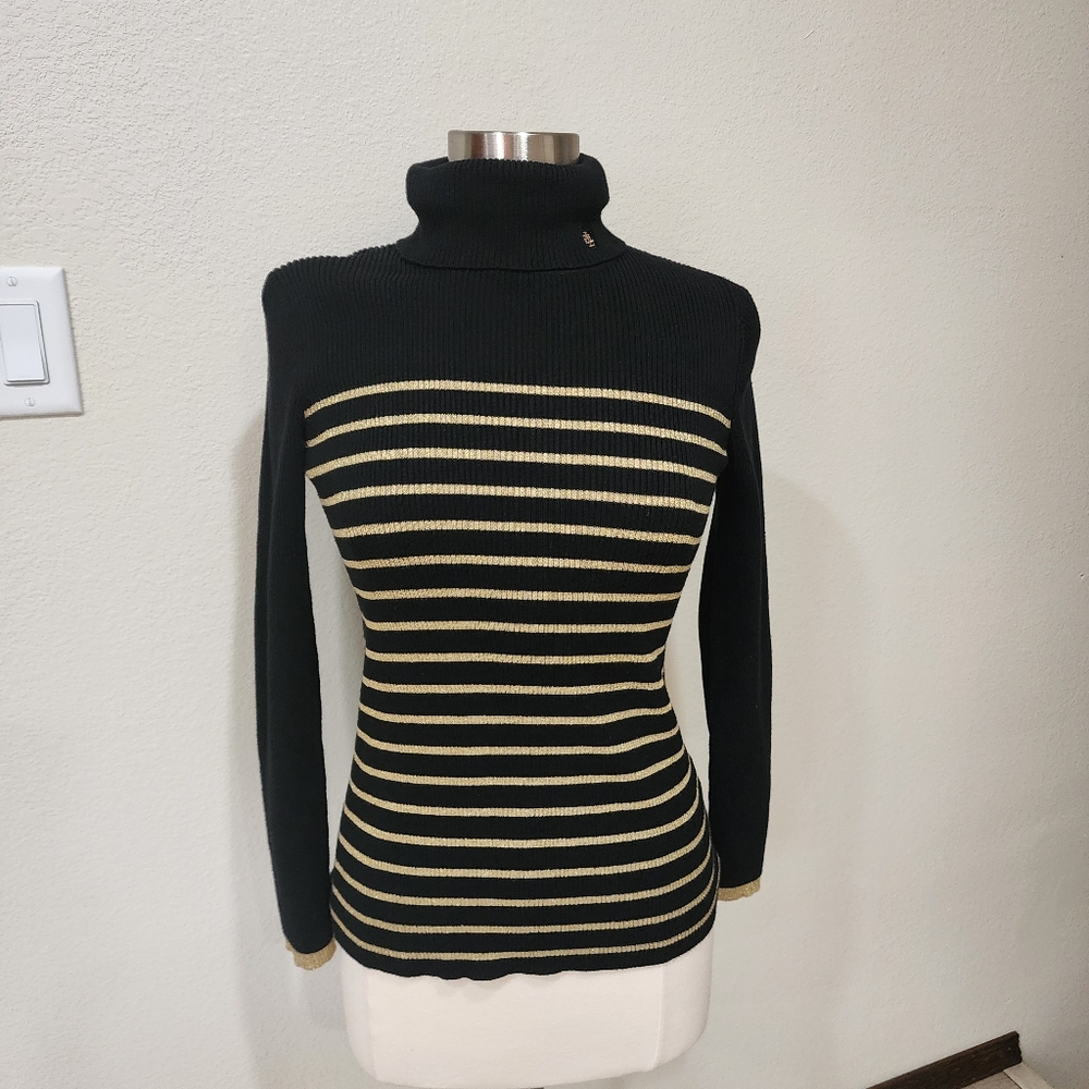 Lauren Ralph Lauren Turtleneck Funnel Neck Sweater 90s Metallic Stripes size L